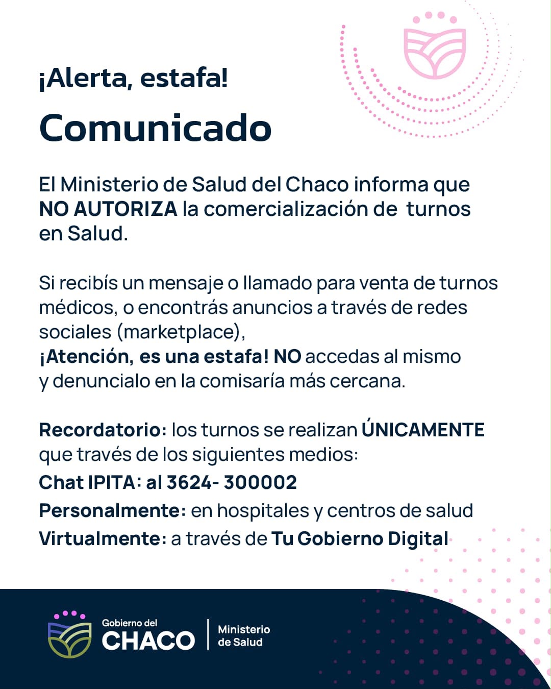 *SALUD ALERTA SOBRE LA VENTA ILEGAL DE TURNOS Y PIDE A LA COMUNIDAD DENUNCIAR ESTAFAS*