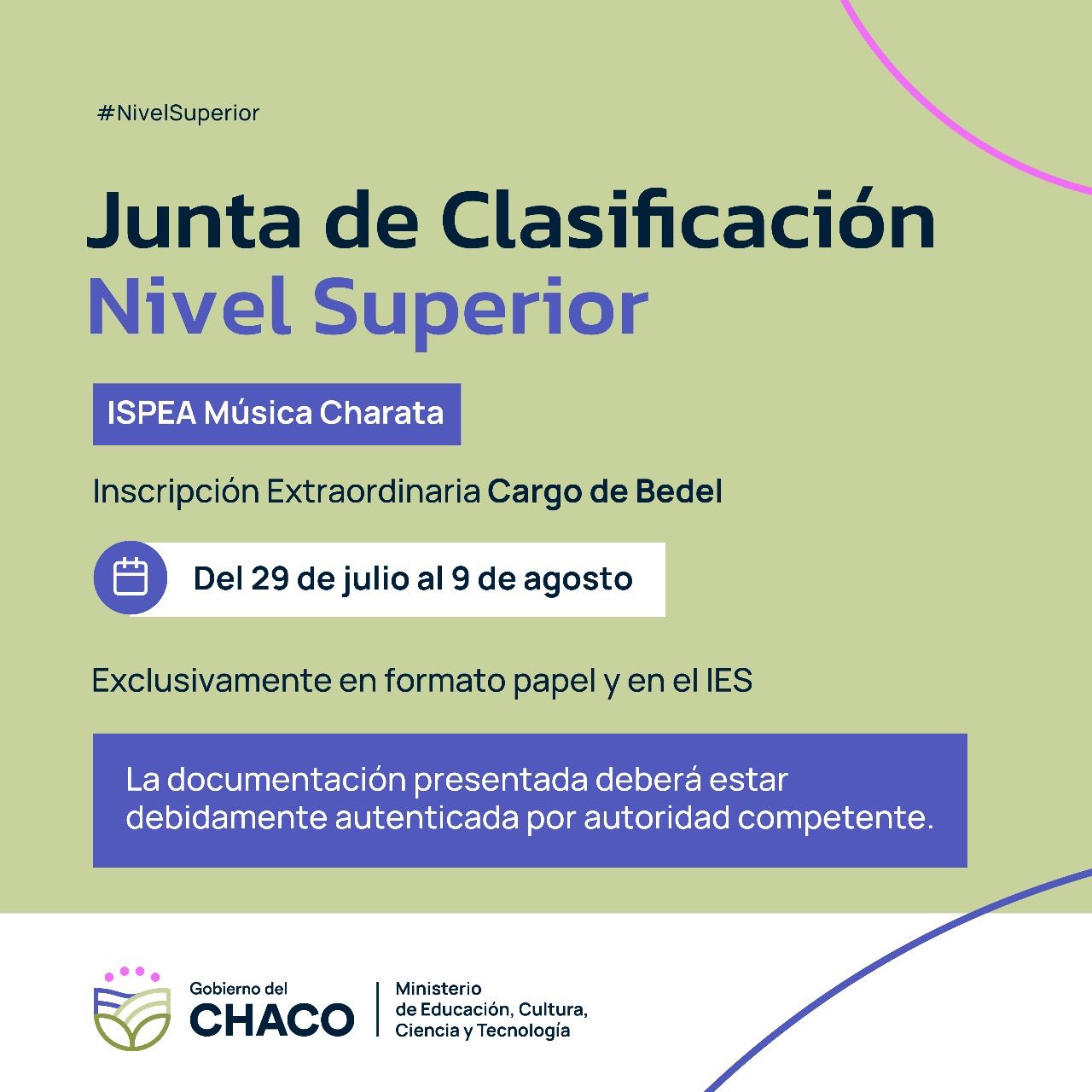 *ISPEA MÚSICA CHARATA: ABRE INSCRIPCIÓN PARA EL CARGO DE BEDEL*