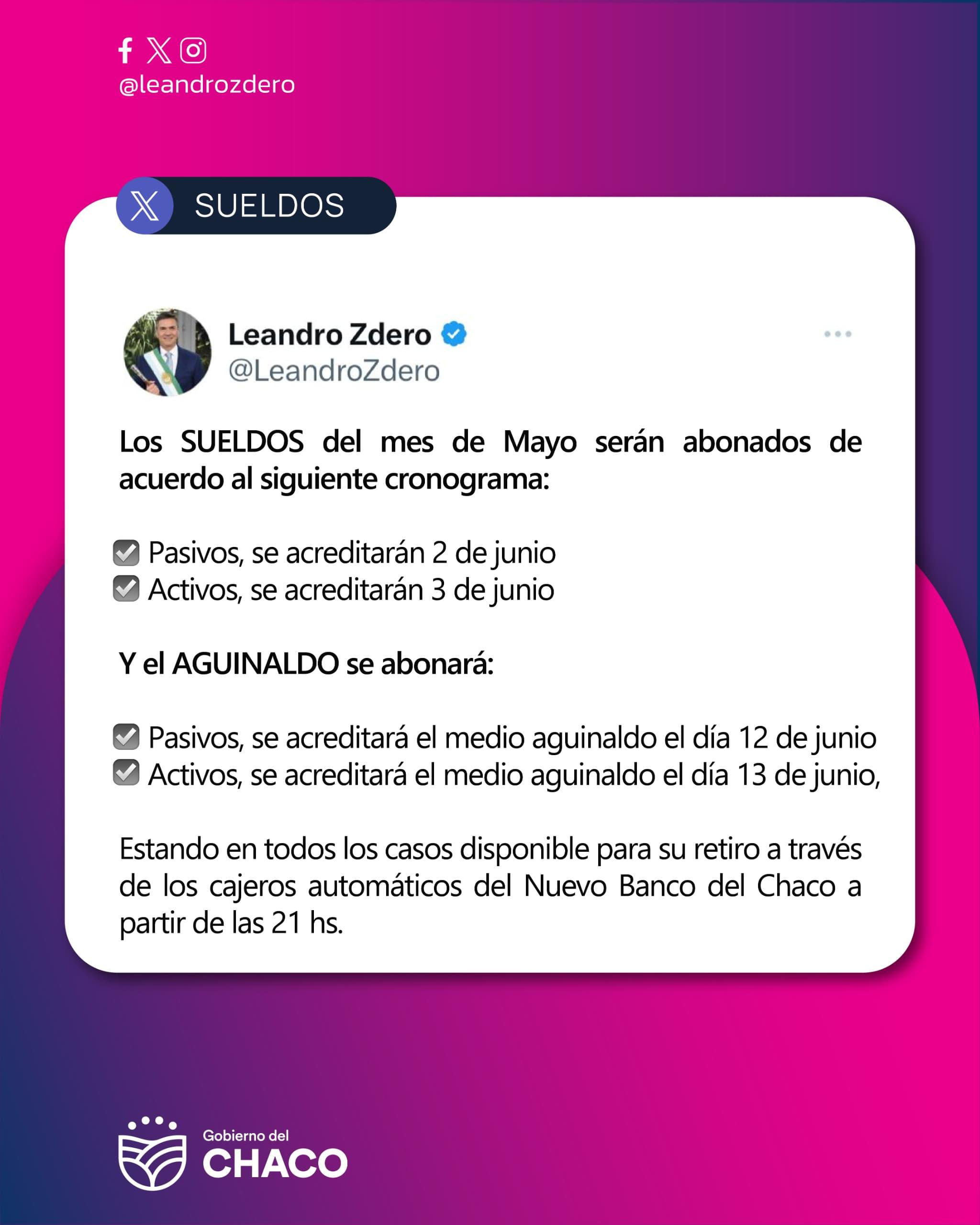 EL GOBERNADOR ZDERO ANUNCIÓ EL CRONOGRAMA DE SUELDOS Y EL AGUINALDO PARA LA ADMINISTRACIÓN PÚBLICA