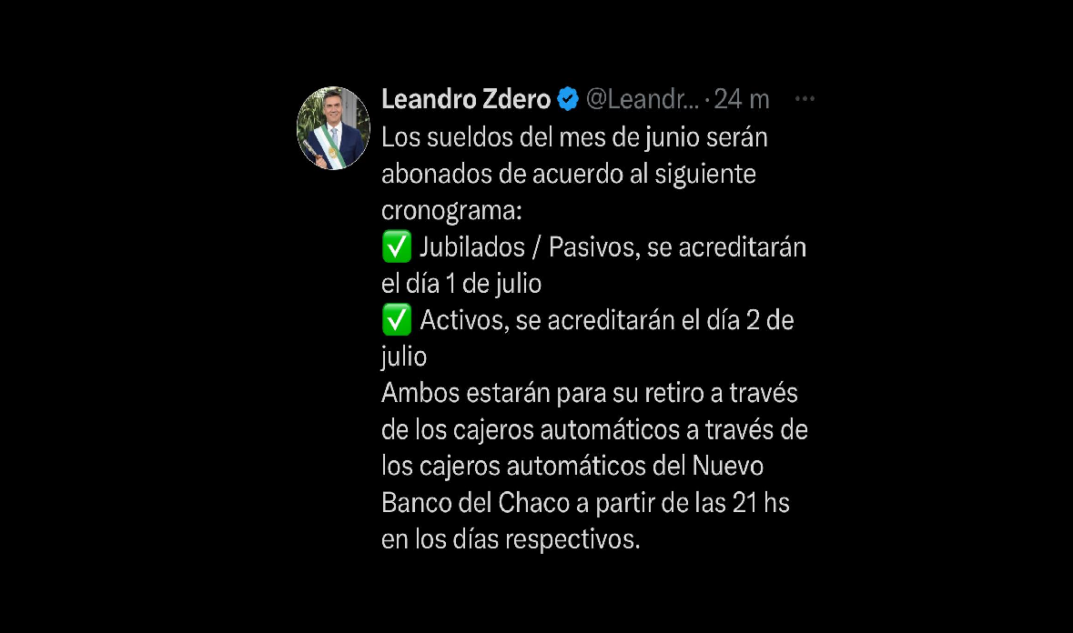 CRONOGRAMA DE PAGOS DE SUELDOS DE JUNIO PARA LA ADMINISTRACIÓN PÚBLICA PROVINCIAL*